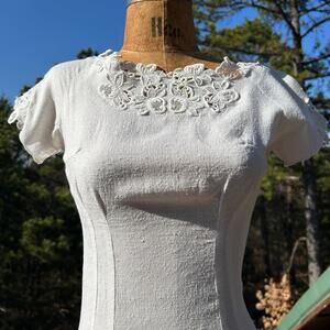 Vintage 50s White Cotton Battenburg Tape Lace Wasp Waist Midi Dress XXS